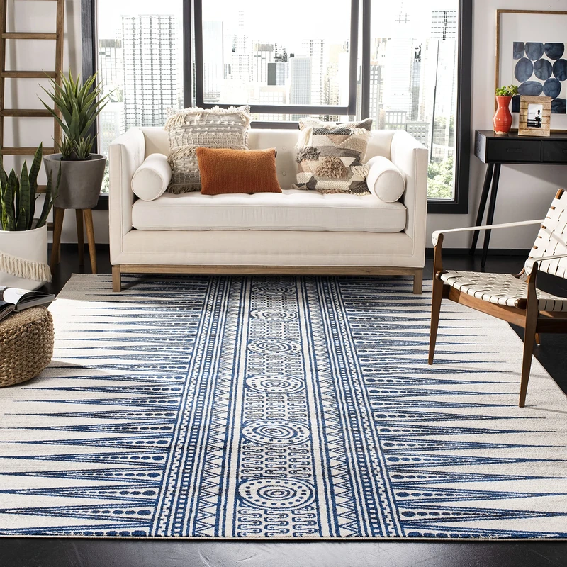 Safavieh Transitional Indoor Woven Rectangle Area Rug, Evoke Collection, EVK226, in Ivory/Blue, 91 X 152 cm for Living Room, Bedroom or Any Indoor Space