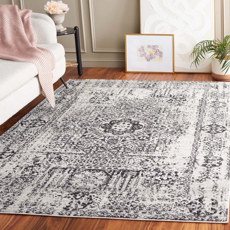 Safavieh Transitional Indoor Woven Rectangle Area Rug, Evoke Collection, EVK260, in Ivory / Black, 155 X 229 cm for Living Room, Bedroom or Any Indoor Space