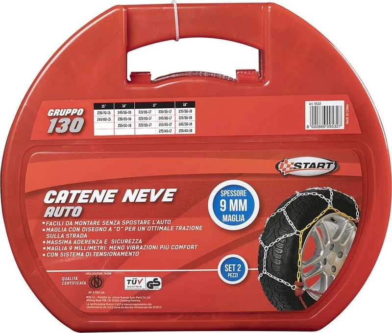 START - Snow Chains 9 MM | Self-Locking Tensioning System | Onorm 5117 Approved for M1, N1, O1, O2 Vehicles | Includes Disposable Gloves & Spare Components, Gruppo 130, Stainless Steel
