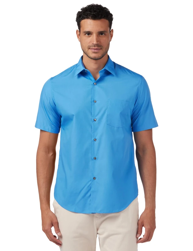 Van Heusen Men's Short Sleeve Dress Shirt Regular Fit Poplin Solid, Pacifico, 16" Neck