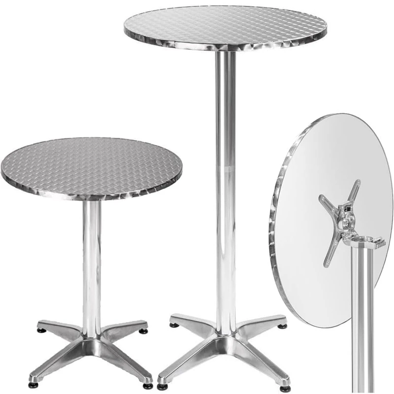 BAKAJI Aluminium Outdoor Folding Table 60 x 70/110 cm Height Adjustable Bistro Table Top Stainless Steel Round for Bar Home Garden Restaurant Silver