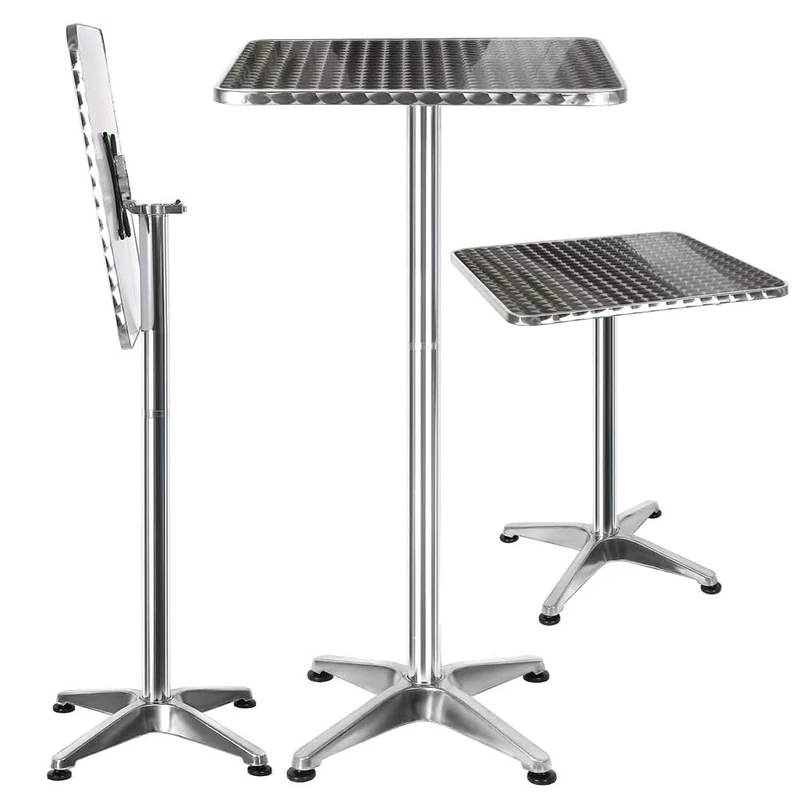 BAKAJI Aluminium Outdoor Folding Table 60 x 60 cm with Adjustable Height 70/110 cm Bistro Table Top in Stainless Steel Square for Bar Home Garden Restaurant Silver - Image 1