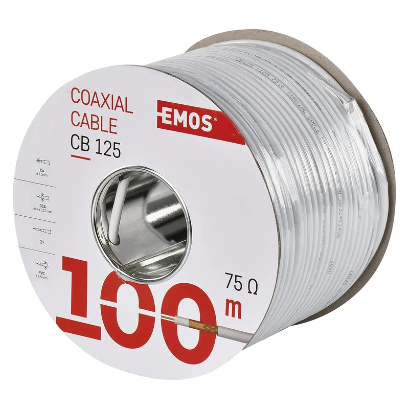 EMOS Antenna Cable 100 m White TV Cable Type CB125 Double Shielded Coaxial Cable Shielding Rate 77 dB Resistance 75 Ohm