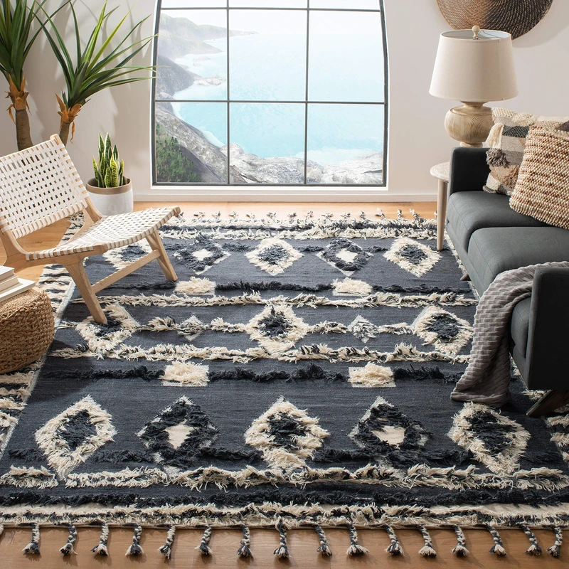 Safavieh Moroccan Inspired Indoor Hand Knotted Rectangle Area Rug, Kenya Collection, KNY601, in Charcoal/Ivory, 152 X 244 cm for Living Room, Bedroom or Any Indoor Space