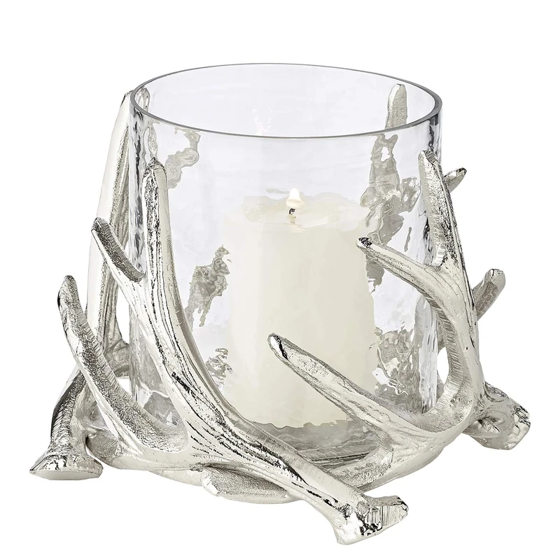 EDZARD Wind light Kingston in deer antler design, aluminium nickel plated, with glass, height 5,9 in, diameter 7,5 in