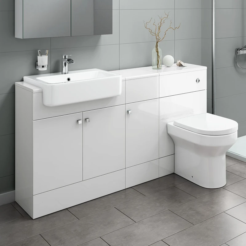 1500 mm Combined Gloss White Vanity Unit Back to Wall Toilet WC Basin Bathroom Storage Furniture Pan (Flat Pack)