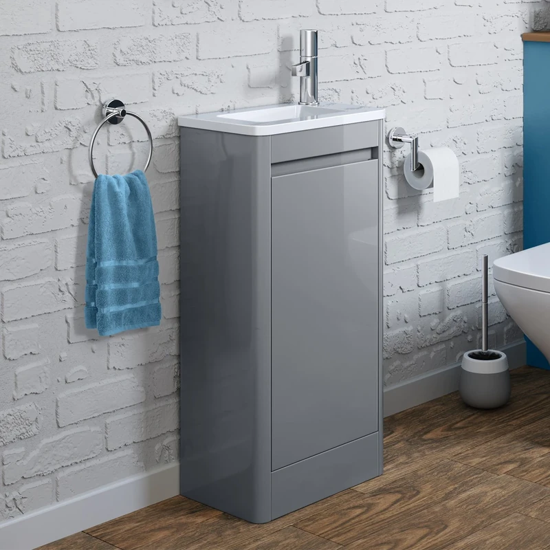 iBathUK Space Saving Gloss Grey Floor Standing Cloakroom Vanity Unit Right Hand Basin Sink Storage (FlatPack)