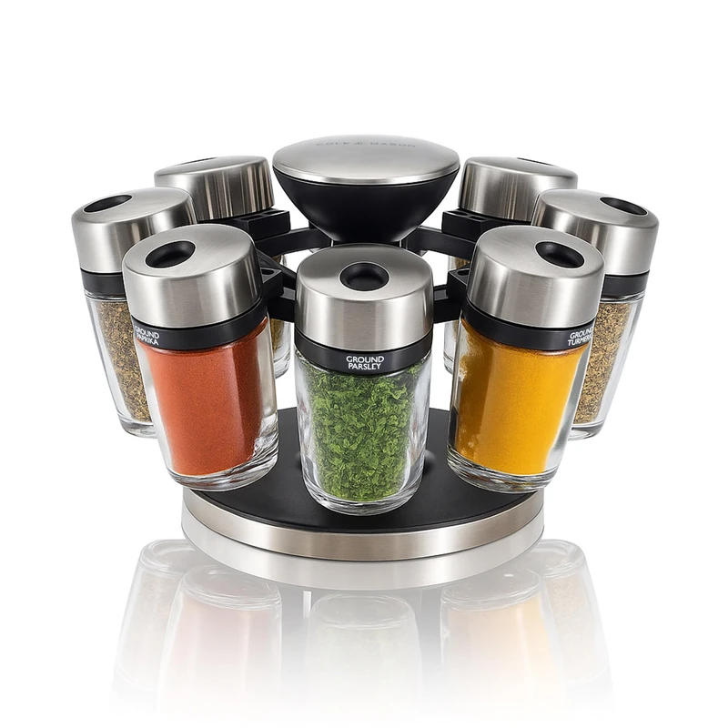Cole & Mason Cambridge 8 Jar Rotating Spice Rack, Includes 8 Filled Spice/Herb Jars with Lids for Kitchen Countertop Storage, (H) 13cm x (W) 20cm