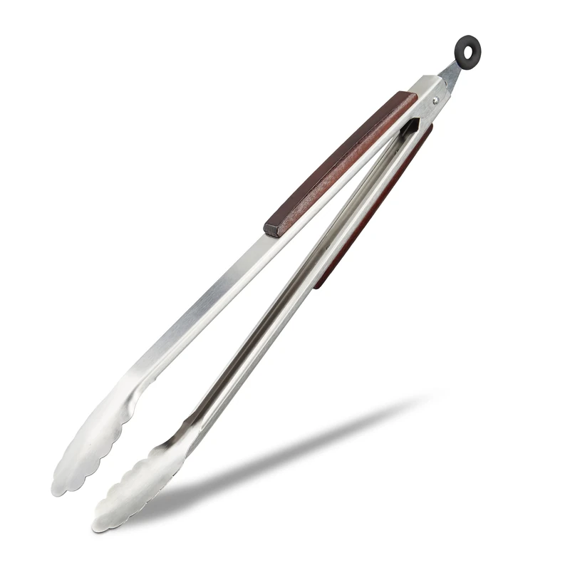 Relaxdays Stainless Steel Kitchen Tongs, Wooden Handle, 38 cm Serving Tongs, Tool, Kitchenaid, Silver