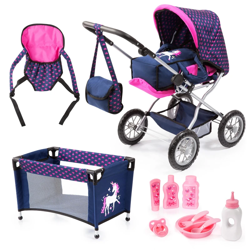 Bayer Design 15054AB Dolls Pram Combi Grande Set with bag, carrier, carrycot, travel bed, dolls accessories, blue pink Unicorn