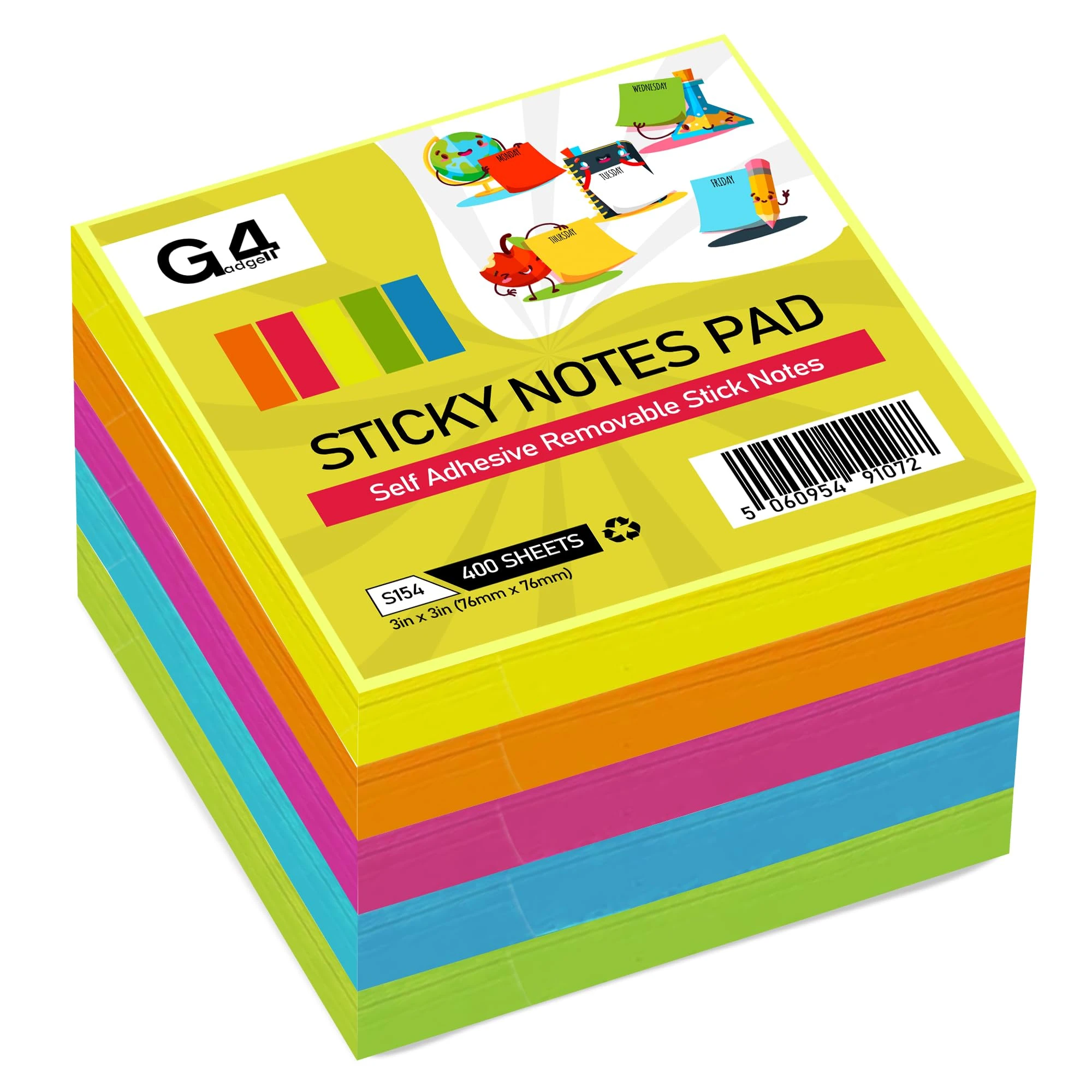G4GADGET Sticky Notes Cube 400 Sheets - 76x76mm Neon Colors - Self-Stick Notes for Reminders, to-Do Lists & Messages - Strong Adhesive, Repositionable Sticky Notepads for Home, Office & School (1)