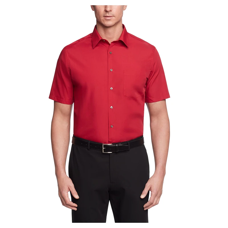 Van Heusen Men's Short Sleeve Dress Shirt Regular Fit Poplin Solid, Flame, 15" Neck