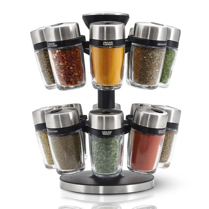 Cole & Mason H121808 Cambridge 16 Glass Spice Carousel, Rotating Spice Rack/Spice Oragniser/Spice Storage, Stainless Steel, Spice Jars with Labels, Includes Spices, Silver