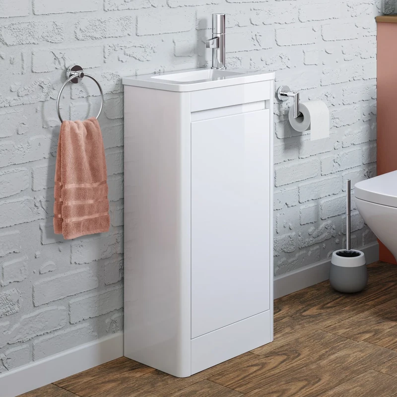 iBathUK Space Saving Gloss White Floor Standing Cloakroom Vanity Unit Right Hand Basin Sink Storage (FlatPack)