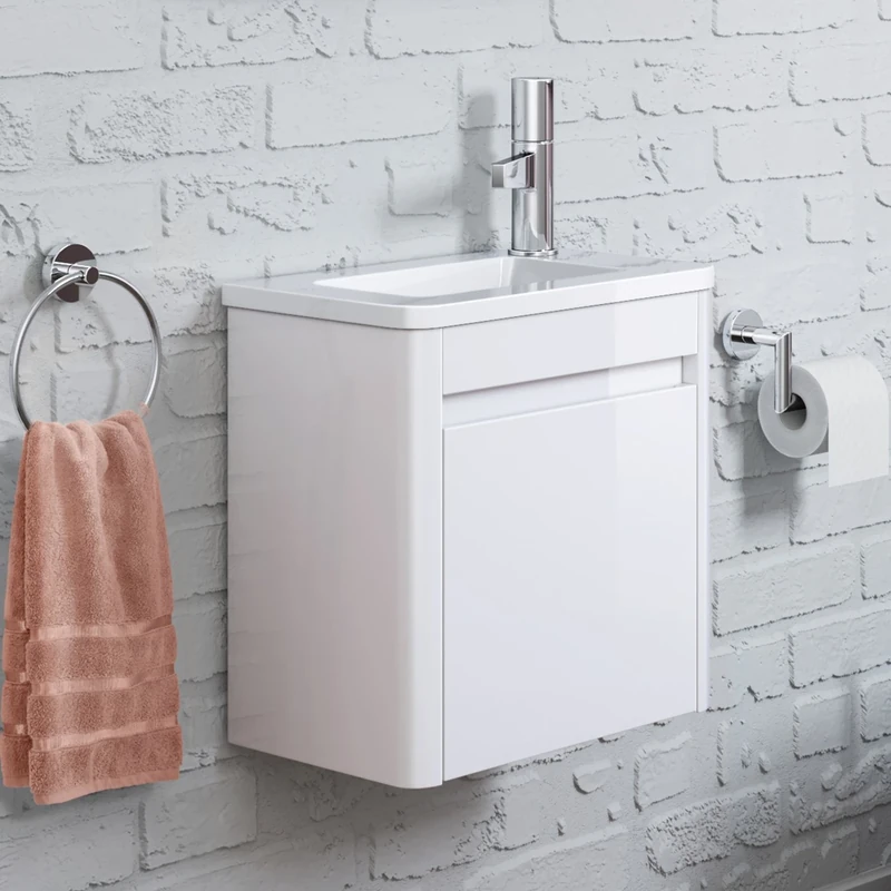 iBathUK Space Saving Gloss White Wall Hung Cloakroom Vanity Unit Right Hand Basin Sink Storage (FlatPack)