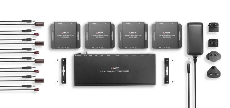 Lindy 70m Cat.6 4 Port 4K HDMI & IR Splitter Extender, 3840x2160, Power over Cable (PoC), Local Monitoring / Cascading, EDID Emulation, Uses Low-Cost Cat.6 UUTP Cable, Digital Signage, AV Distribution