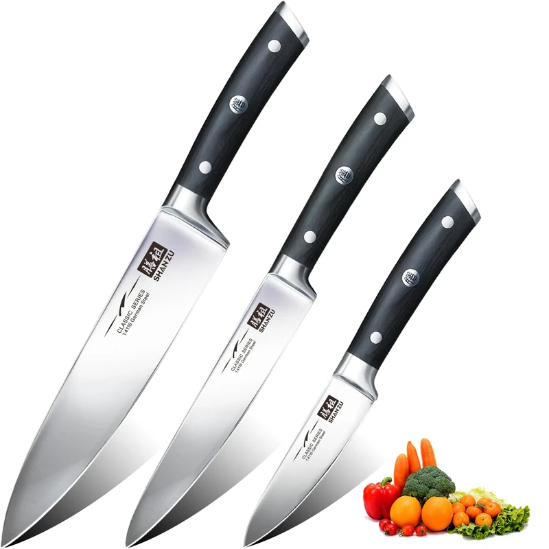 SHAN ZU Kitchen Knives Sets 3pcs with German Stainless Steel Professional Japanese Knives Set, Ultra Sharp Chef Knife Set Including Chef's Knife 20cm Kitchen Knife 15cm Paring Knife 9.5cm