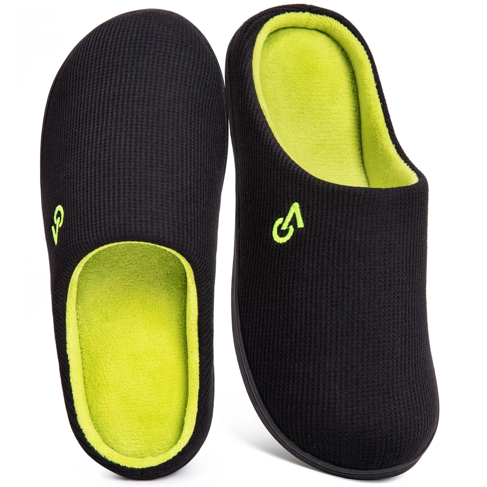 VeraCosy Men's Two-Tone Memory Foam Slippers, Black/Lime, 8/9 UK