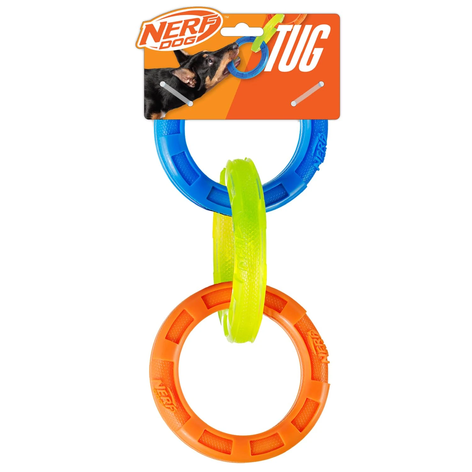 Nerf Dog 3-Ring Rubber Tug Toy, 10.5-Inch Lightweight Water-Resistant Interactive Toy for Dogs, Blue/Green/Orange