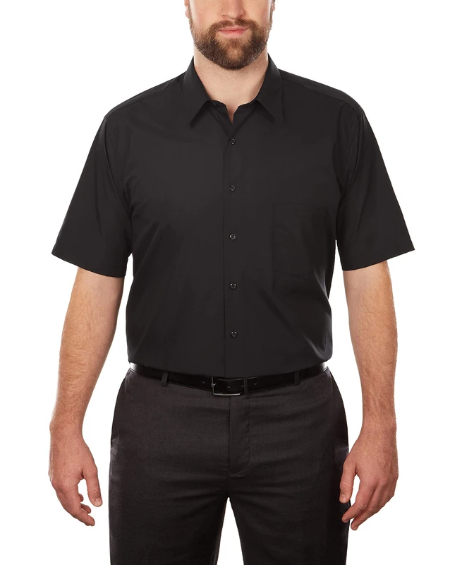 Van Heusen Men's Tall Short Sleeve Poplin Solid Big Fit Dress Shirt, Black, 17.5" Neck