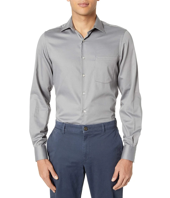 Van Heusen Men's Dress Shirts Fitted Lux Sateen Stretch Solid Spread Collar, Grey, 17" Neck 32"-33" Sleeve