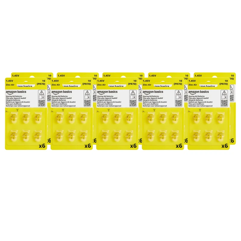 Amazon Basics 60-Pack Hearing Aid Size 10 Zinc-Air Batteries, 1.45 Volt, Yellow Tab, 4-Year Shelf Life, Child-Safe Package (Use Scissors to Open)