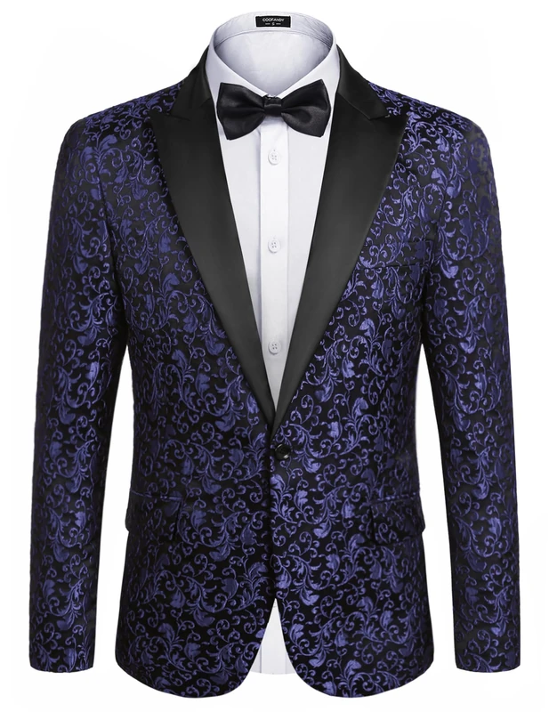 Coofandy Mens Floral Blazer Suit Jacket Dinner Party Prom Wedding Stylish Tuxedo, 1 - Navy Blue, 3XL - Image 1