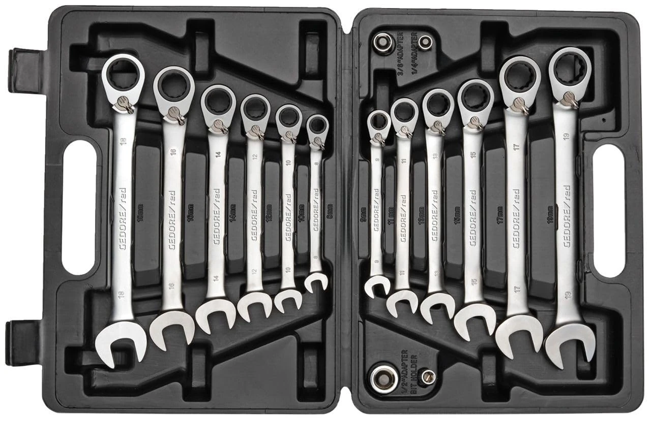 GEDORE red Combination ring ratchet spanner set, Reversible, Incl. adapters, 16-pc. Set, AF 8-19 mm, Angled, R07203016