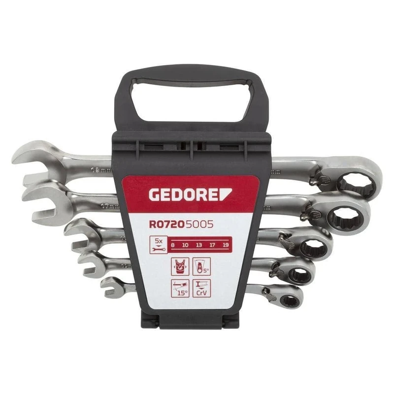 GEDORE red Combination ratchet spanner set, Reversible, 5-pc. Set, AF 8-19 mm, Angled, Spanner, R07205005