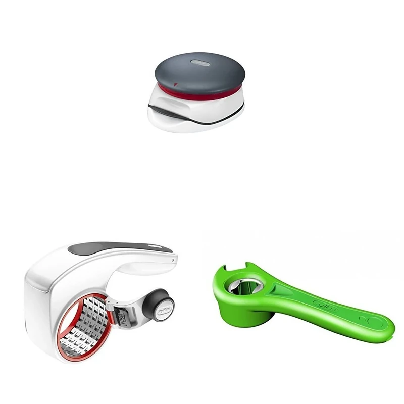 Zyliss Burger Press with Adjustable Thickness with 5 Way Bottle Opener and Acid Etched Rotary Fine-n-Coarse Drum Grater