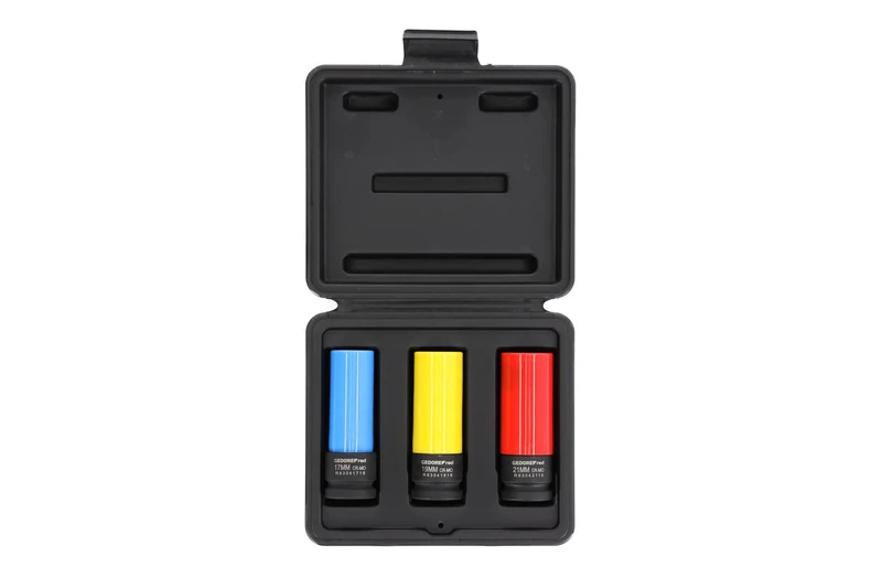 Gedore Red Power Screwdriver Socket Set with Protective Sleeves, 3 Pieces, 17/19/21 mm, Depth Stop, with Colour Coding, Chrome Molybdenum Steel