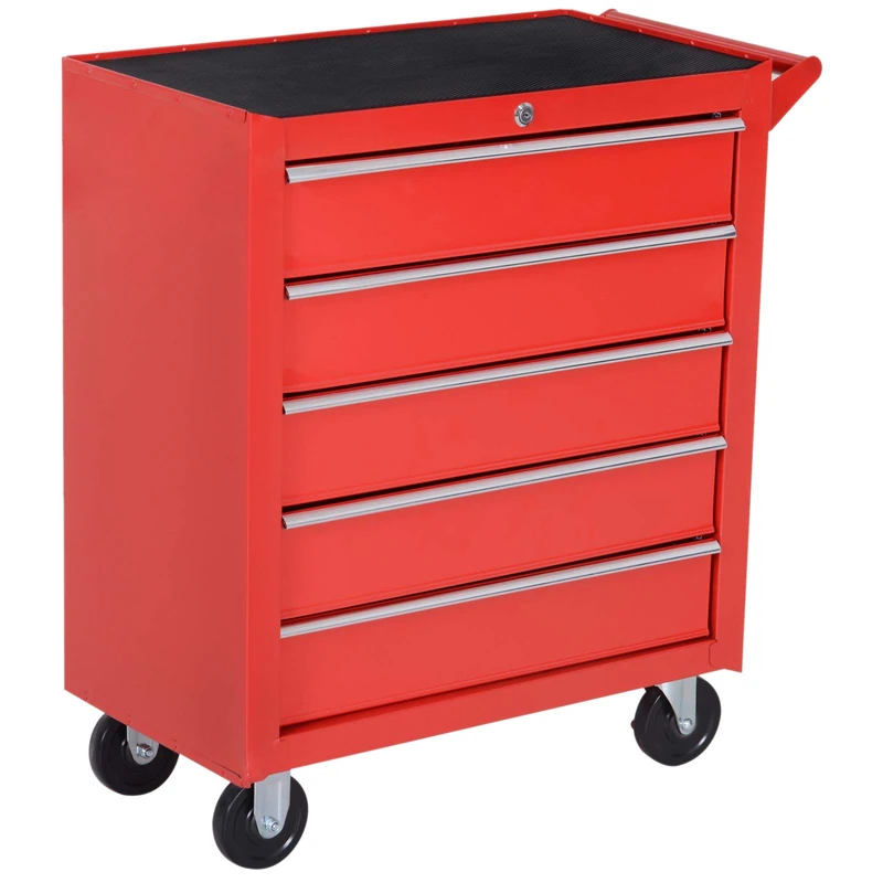 durhand 5 Drawer Roller Tool Cabinet Storage Box Workshop Chest Garage Wheeling Trolley w/Handle - Red