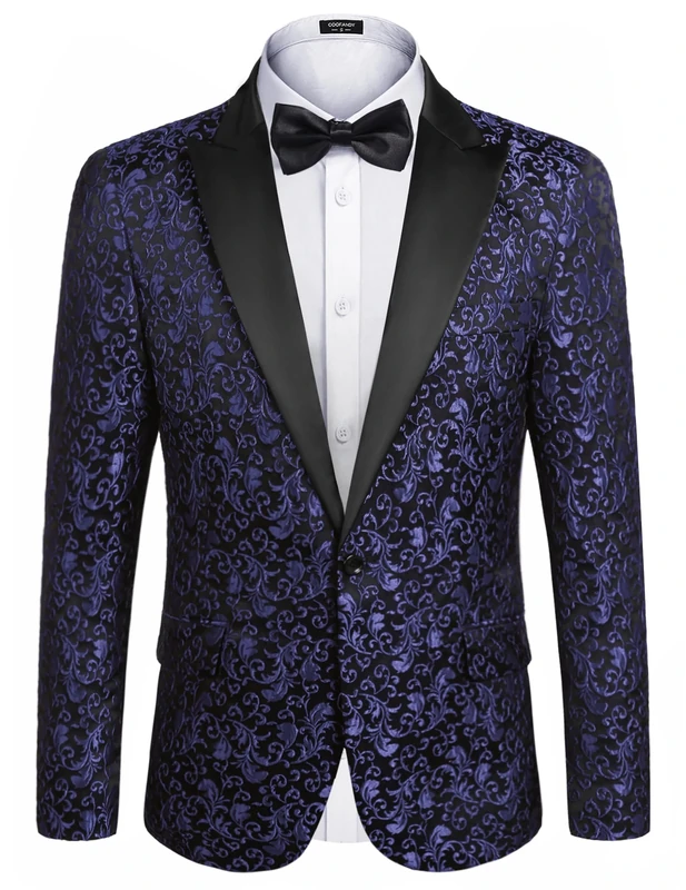 COOFANDY Mens Tuxedo Floral Party Blazer Suit Jacket Dinner Prom Wedding Stylish, 1 - Navy Blue, M