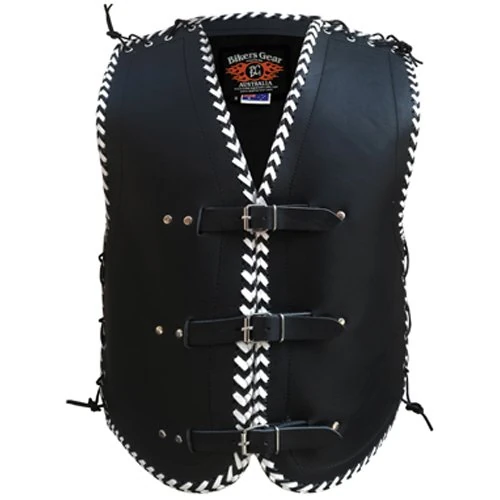 Bikers Gear Australia Heavy Duty NZ Lace Leather Motorcycle Vest Black with White Braiding, Black and White, Size L