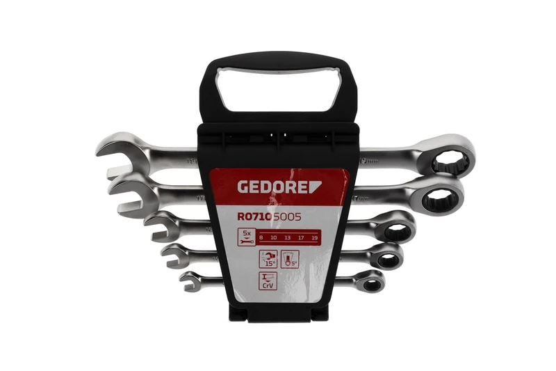 GEDORE red Combination ratchet spanner set with ring ratchet, 5-pc. Set, AF 8-19 mm, Flat, Spanner, R07105005