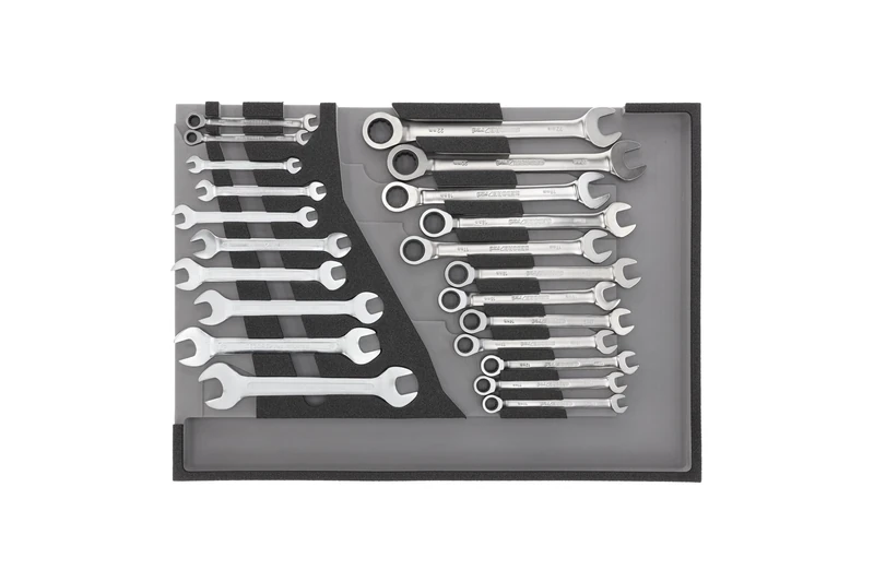 Gedore Red Ring Ratchet and Double Open-End Spanner Set in 3/3 Foam Module, 22 Pieces