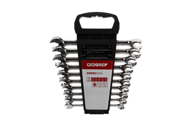 GEDORE red Open ended ratchet spanner set, Jaw ends with ring ratchet, 10-piece set, AF 10-19 mm, R05905010