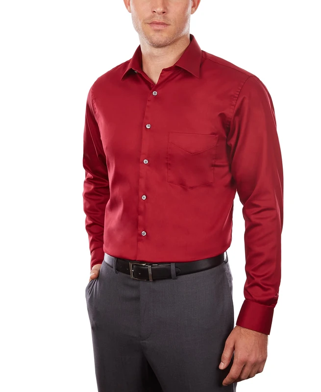 Van Heusen Men's Dress Shirts Regular Fit Lux Sateen Stretch Solid, Red, 16.5" Neck 32"-33" Sleeve