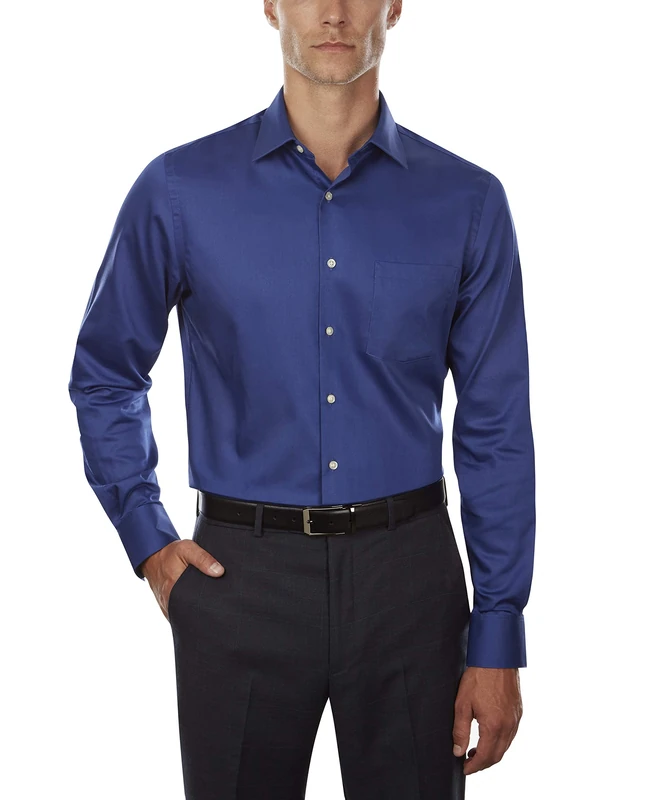 Van Heusen Men's Dress Shirts Fitted Lux Sateen Stretch Solid Spread Collar, Blue Velvet, 16" Neck 34"-35" Sleeve