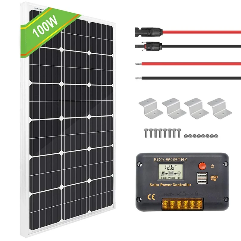 ECO-WORTHY 12V 100W Monocrystalline Solar Panel Module: 1pc 100W Mono Solar Panel + 20A PWM LCD Display Solar Controller