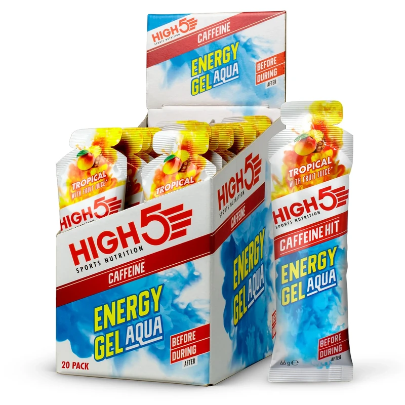 HIGH5 Aqua Caffeine Gels Running - Glucose Shots for Instant Energy and Running Fuel - Natural Fruit Juice Energy Shots - Sports Gel for Running, Cycling, Ultra Marathon, Ironman (Tropical, 20 x 66g)