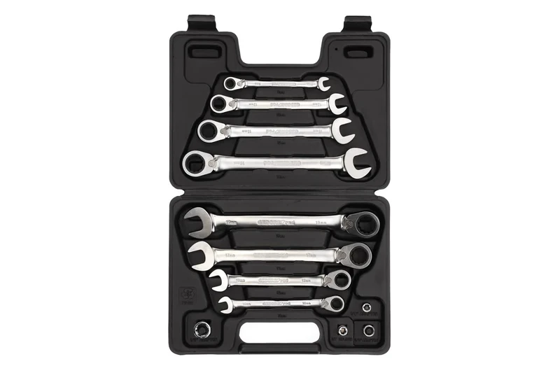 GEDORE red Combination ring ratchet spanner set, Reversible, Incl. adapters, 12-pc. Set, AF 8-19 mm, Angled, R07203012