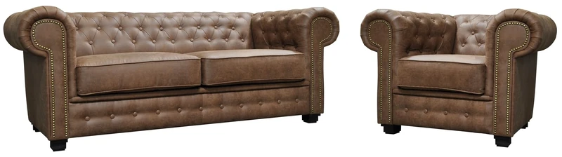 Sofas and More Astor Chesterfield Style Sofa Set 3+2 Seater Armchair Brown Faux Leather (2+1 Seater)