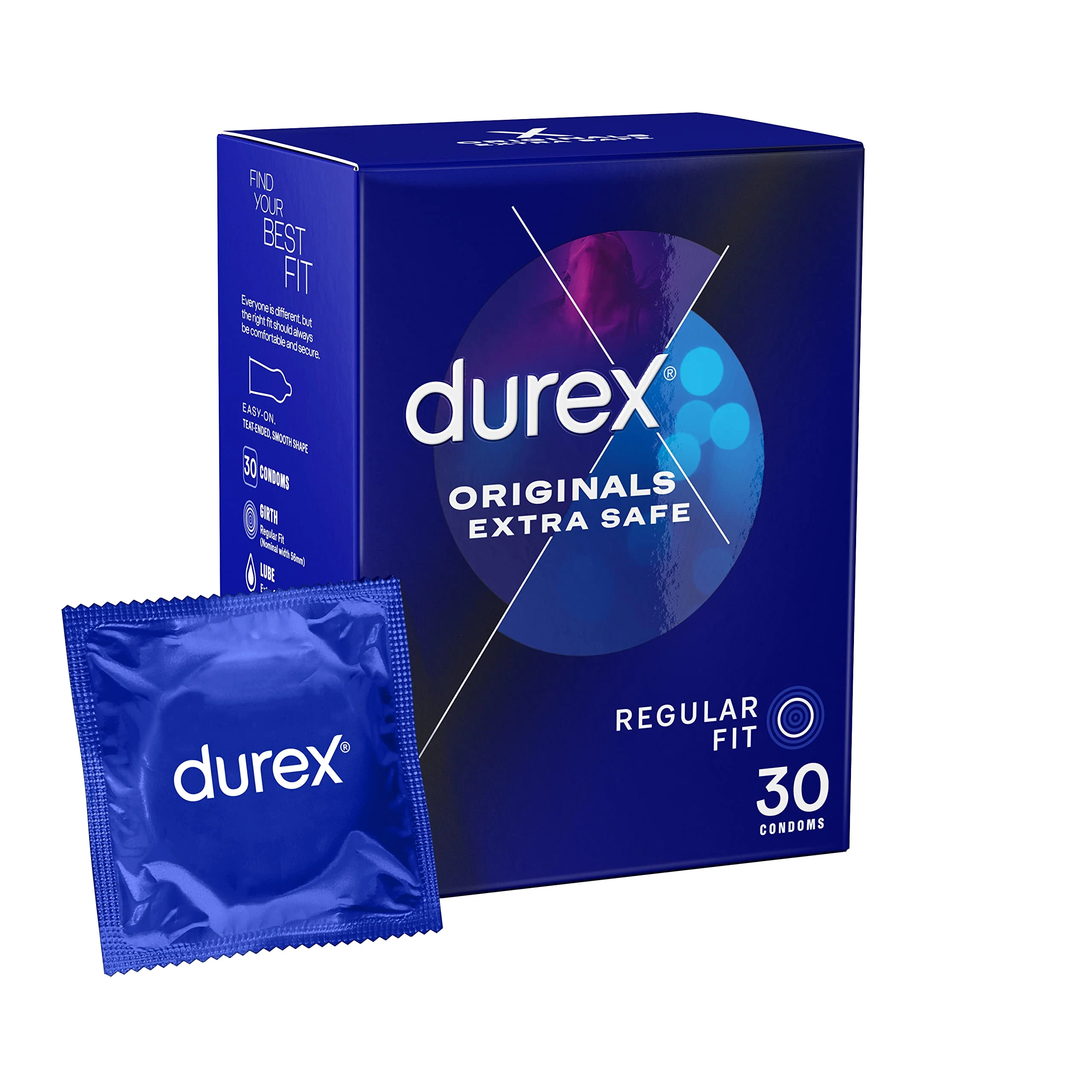 Durex Originals Extra Safe, 30 Condoms, Regular Fit, With Silicone Lube, Easy on Shape, Teat Ended, Increased Thickness, Natural Latex