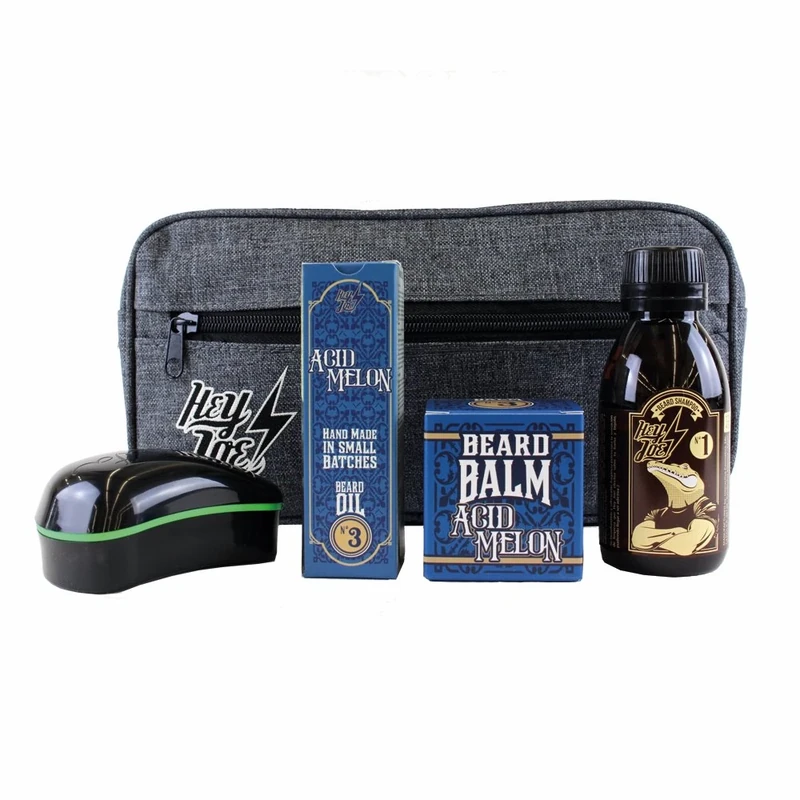 HEY JOE! Bearded Survival Kit Deluxe Nº 3 Acid Melon | Beard Care Set for Men High Quality [Beard Oil + Beard Balm + Beard Shampoo + Beard Brush] - Gift Toiletry Bag Included