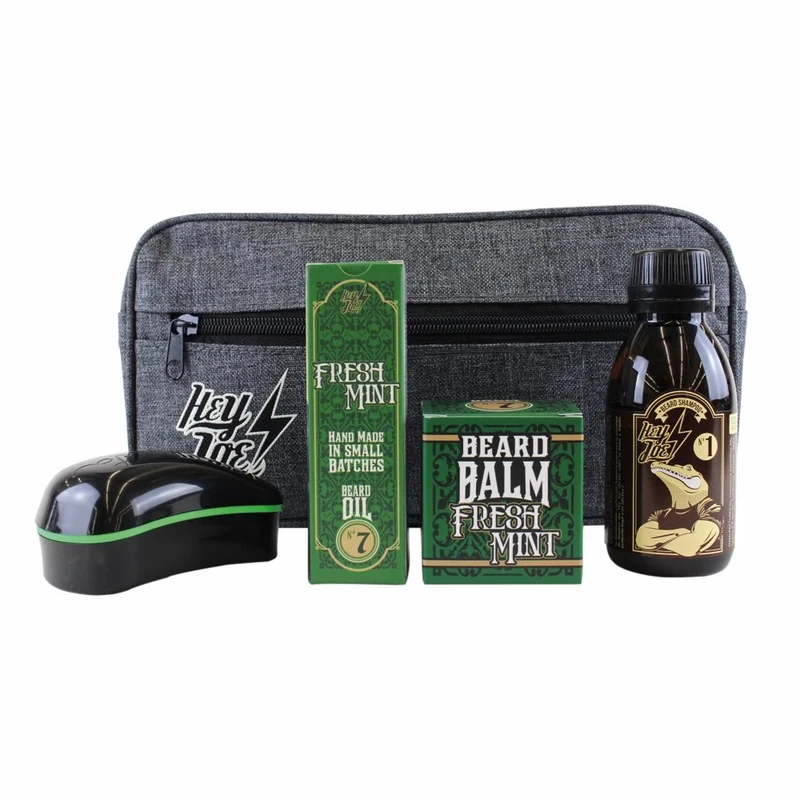 HEY JOE! Bearded Survival Kit Deluxe Nº 7 Fresh Mint | Beard Care Set for Men High Quality [Beard Oil + Beard Balm + Beard Shampoo + Beard Brush ] - Gift Toiletry Bag Included