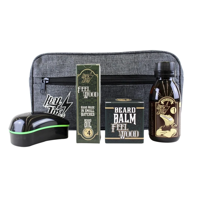 HEY JOE! Bearded Survival Kit Deluxe Nº 4 Feel Wood | Beard Care Set for Men High Quality [ Beard Oil + Beard Balm + Beard Shampoo + Beard Brush ] - Gift Toiletry Bag Included
