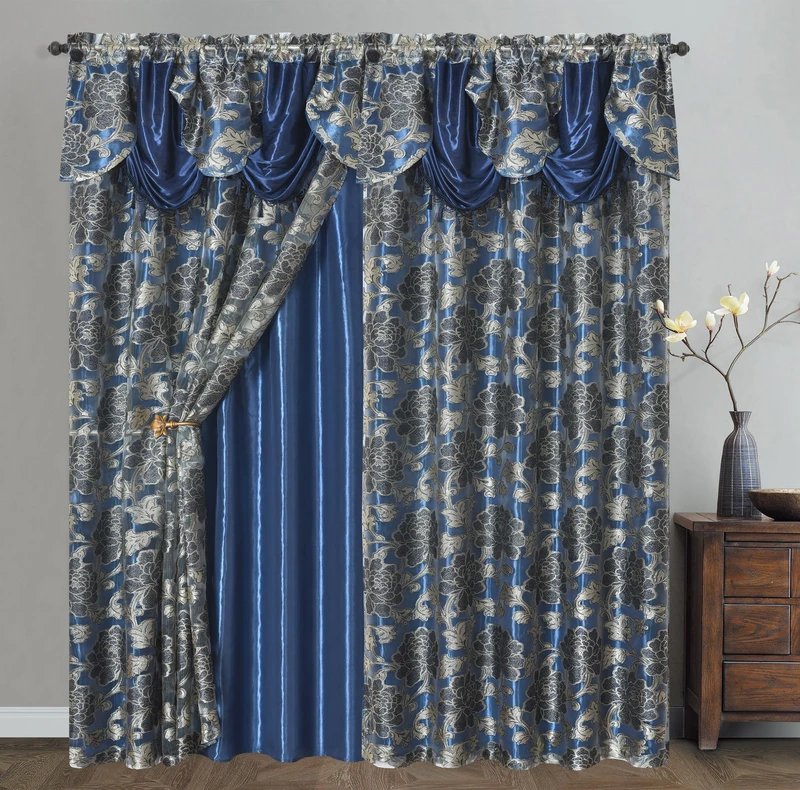 GOHD Royal ROSARIUM. Clipped Voile. Voile Jacquard Window Curtain with Attached Fancy Valance and Taffeta Backing. 2pcs Set. Each pc 54 inch Wide x 84 inch Drop + 18 inch Valance. (Nightsky Blue)
