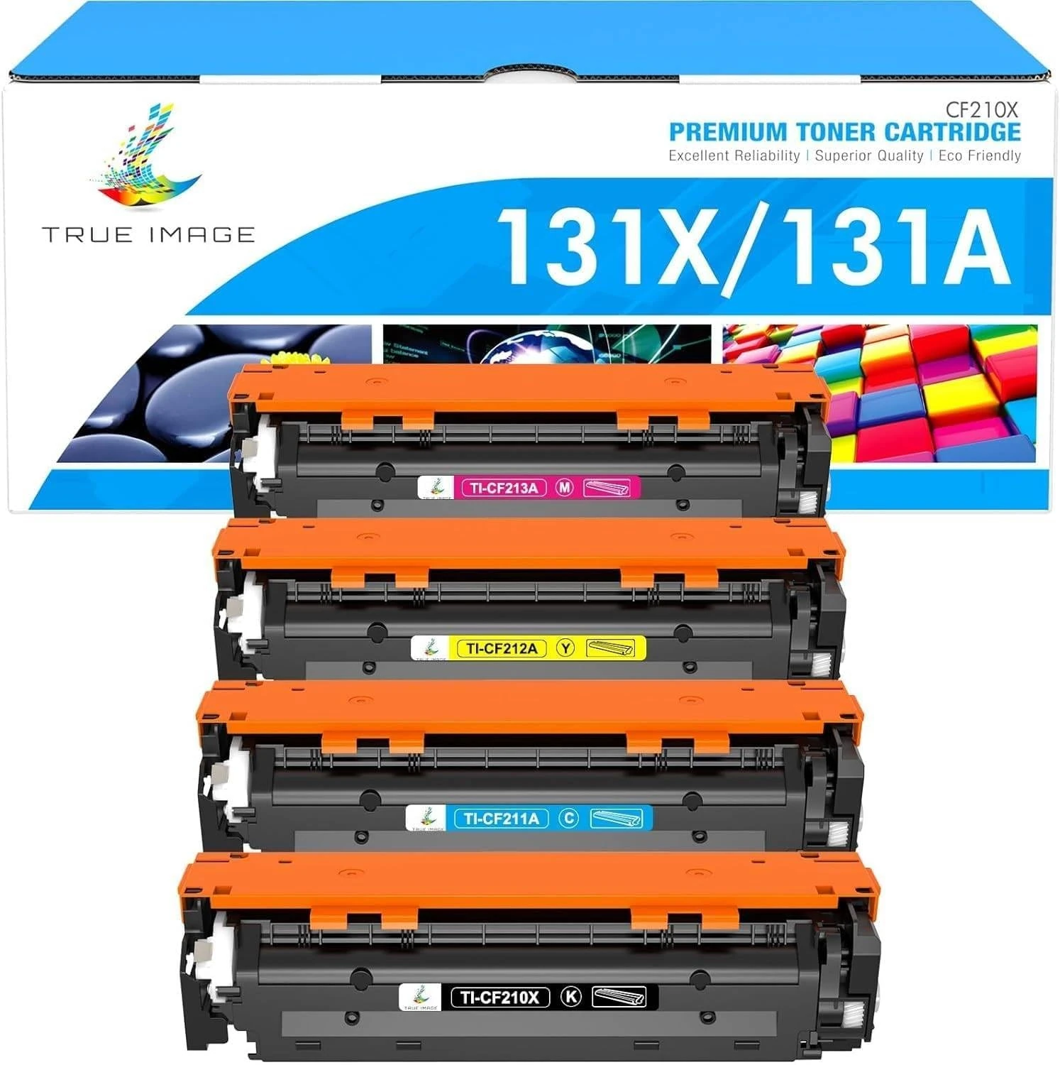 TRUE IMAGE 4 Pack Toner Cartridge Replacement for HP 131X CF210X 131A CF210A 128A CE320A 125A Laserjet Pro 200 Color MFP M276n M276nw M251nw M251n (Black, Cyan, Yellow, Magenta)