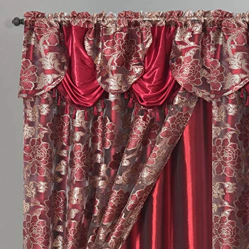 GOHD - Royal ROSARIUM. Clipped Voile. Voile Jacquard Window Curtain with Attached Fancy Valance and Taffeta Backing. 2pcs Set. Each pc 58 inch Wide x 84 inch Drop + 18 inch Valance. (Wine)